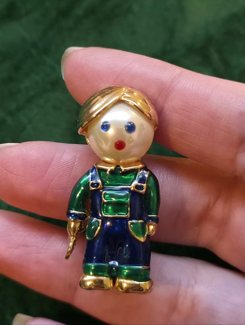 1980s Gold Plated Enamel Boy In Overalls Brooch